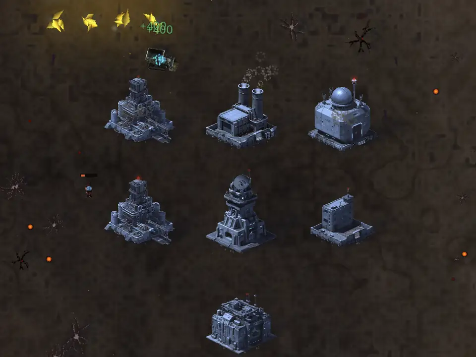 The same base seen from above on volcanic rock: near-black scorched ground shot through with glowing orange cracks, with embers dotted across it. Gold ore crystals and a truck sit at the upper left.