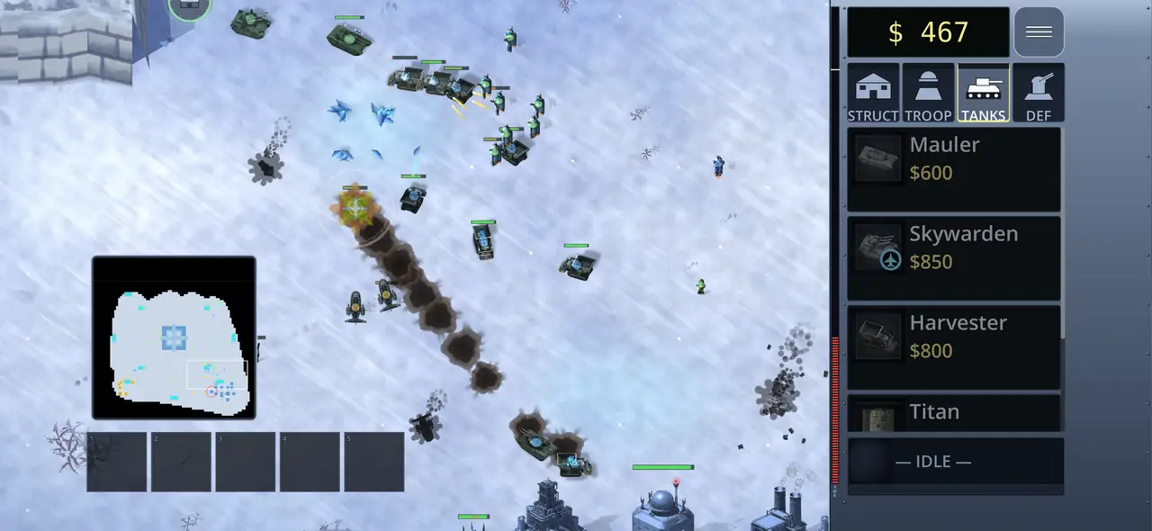 Coldfront at an iPhone’s screen size, landscape. Olive-marked tanks and infantry push up the left of the screen past a long line of craters with a burst of fire at its head; blue crystal ore glitters at the top; the corner minimap sits bottom-left with the visible-area box drawn on it; five control-group slots run along the bottom edge; and the right-hand sidebar reads $467 over the TANKS tab, offering Mauler $600, Skywarden $850, Harvester $800 and Titan, with STRUCT, TROOP, TANKS and DEF along the top.